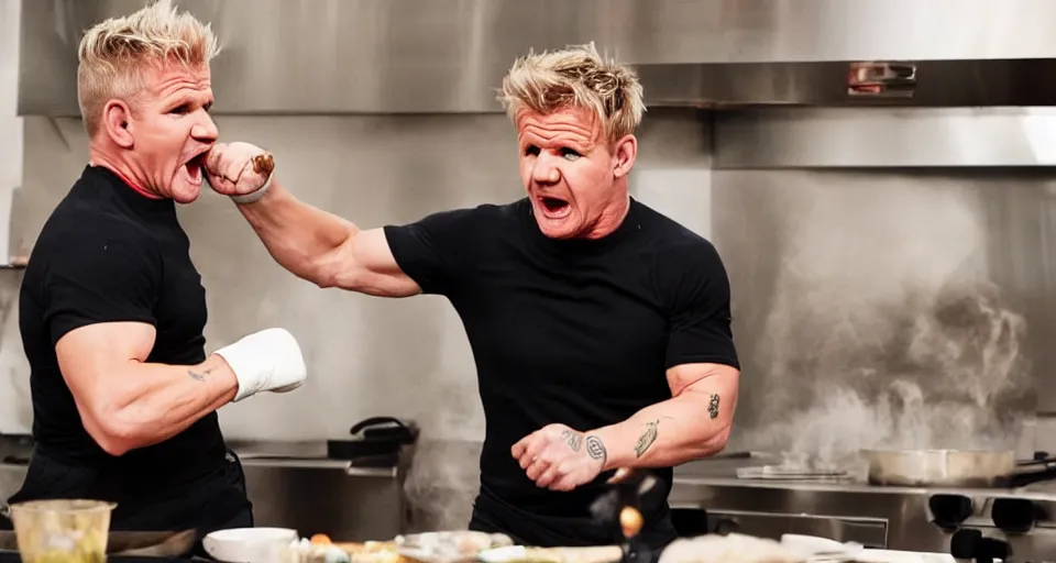 Image similar to photo of angry furious Gordon Ramsay punching Gordon Ramsay at the kitchen