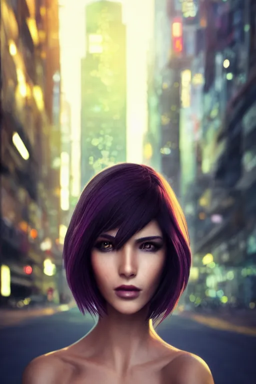 Prompt: full portrait of a beautiful female human with thin lustrous vibrant electric Cyberpunk hair wearing a bodysuit posing in a city, reflections, focus, detailed, realistic eyes, symmetric features proportions, intricate facial skin details, award winning, trending in cgsociety artstation deviant art, octane render, by Ross Tran