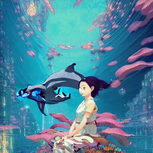 Prompt: a beautiful hyperdetailed character design 4 k wallpaper illustration of a cute dolphin with a beautiful girl, victo ngai cyberpunk style, from china, style of studio ghibli, makoto shinkai, raphael lacoste, louis comfort tiffany, artgerm, james jean, ross tran, chinese style