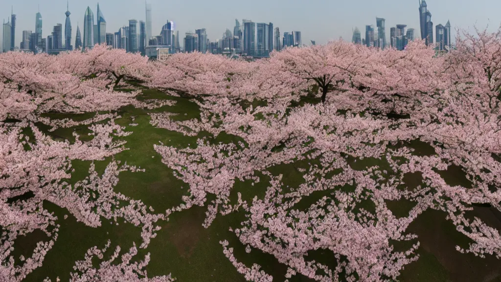 Image similar to Peach blossoms bloom along the Shanghai skyline, The soft pinks and greens of the flowers are offset by the blue of the sky and the gray of the cityscape. HD, Octane render 8K, 200mm, f1.8, wide angle,