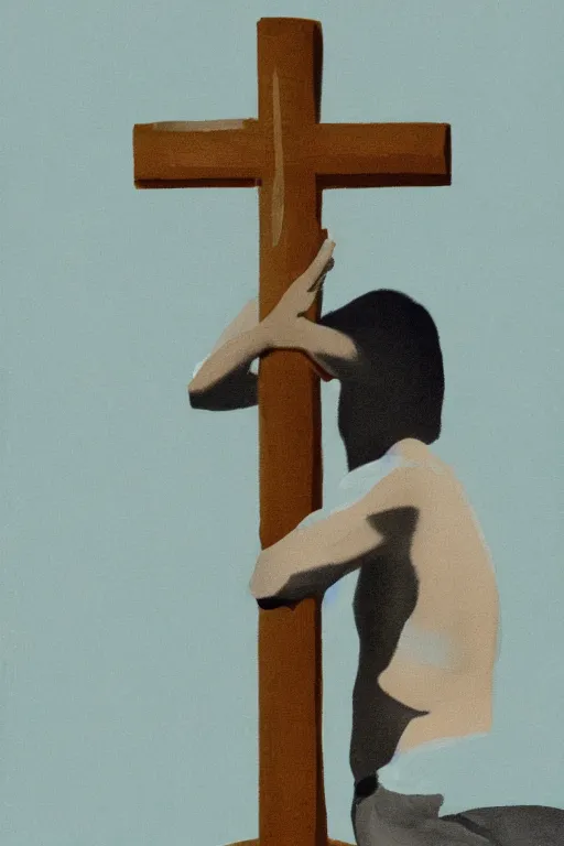 Image similar to man kneeling at the base of a wooden cross, 1960’s minimalist advertising illustration, painterly