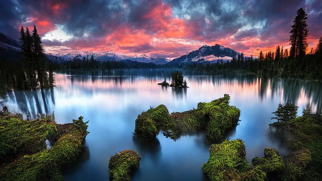 Image similar to amazing landscape photo of a forest with lake in sunset by marc adamus, beautiful dramatic lighting