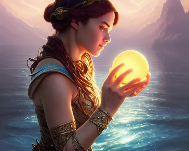 Image similar to glowing orb in the middle of the lake, deep focus, d & d, fantasy, intricate, elegant, highly detailed, digital painting, artstation, concept art, matte, sharp focus, illustration, hearthstone, art by artgerm and greg rutkowski and alphonse mucha