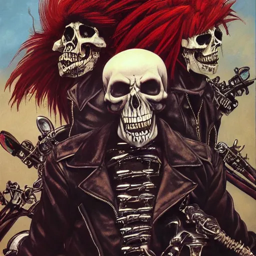 Prompt: a portrait of the grim reaper as a punk rocker, punk, skeleton face, mohawk, dark, fantasy, leather jackets, spiked collars, spiked wristbands, piercings, boots, guitars, motorcycles, ultrafine detailed painting by frank frazetta and vito acconci and takeshi obata, detailed painting