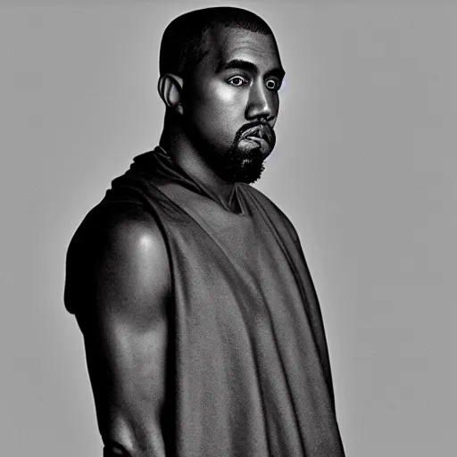 Image similar to a chiaroscuro lighting portrait of kanye west dressed as rick owens, black background, portrait by julia margaret cameron, shallow depth of field, 8 0 mm, f 1. 8