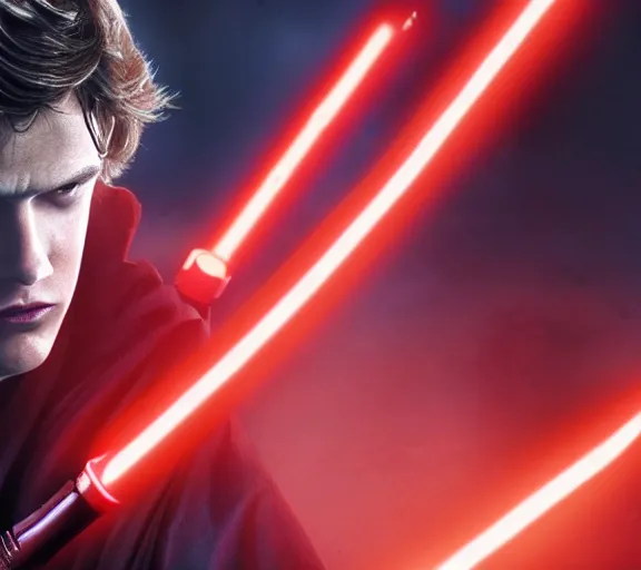 Image similar to anakin skywalker wielding a red lightsaber looking angrily into the camera, detailed, cinematic, raytracing, realistic