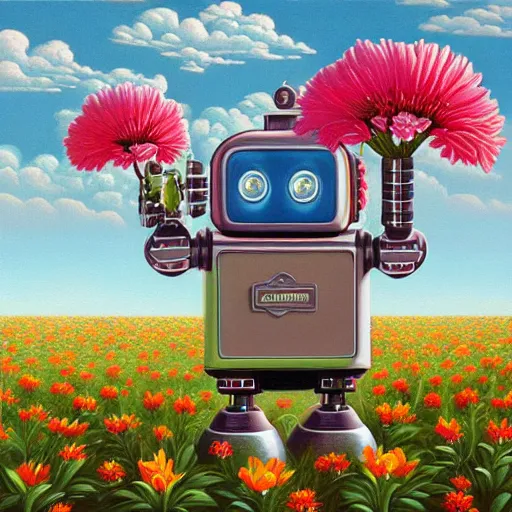 Prompt: a ultradetailed beautiful panting of a robot with flowers growing from the top, by alex gross, trending on artstation