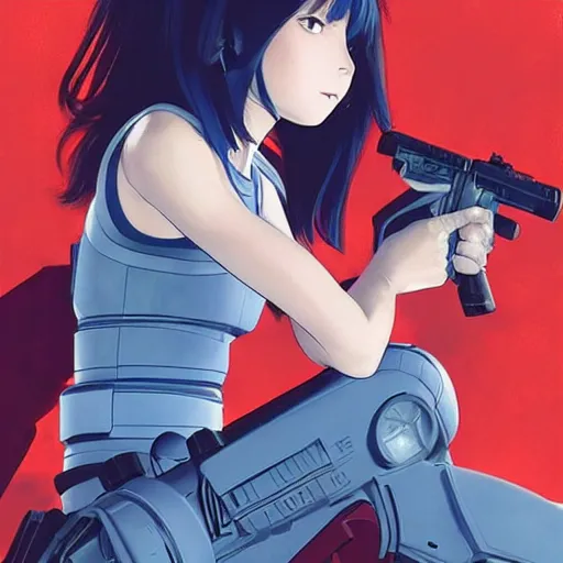 Prompt: A Beautiful young female sci-fi soldier , sitting holding her ray gun || VERY ANIME, fine-face, realistic shaded perfect face, fine details. Anime. realistic shaded lighting poster by Ilya Kuvshinov katsuhiro otomo ghost-in-the-shell, magali villeneuve, artgerm, Jeremy Lipkin and Michael Garmash, Rob Rey and Kentarõ Miura style, trending on art station