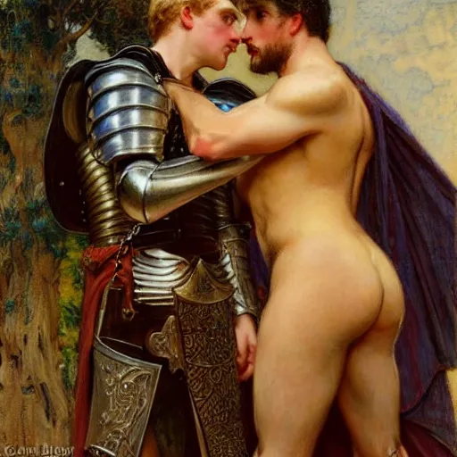 Image similar to attractive fully clothed arthur pendragon confesses his love for his attractive fully clothed male knight. highly detailed painting by gaston bussiere and j. c. leyendecker 8 k