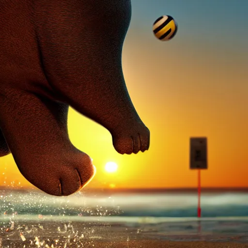 Image similar to a closeup photorealistic photograph of a cute stylish tiger hippo playing volleyball at the beach during sunset. Surf in the background. This 4K HD image is Trending on Artstation, featured on Behance, well-rendered, extra crisp, features intricate detail and the style of Unreal Engine.