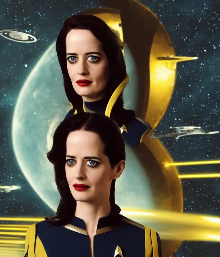 Image similar to a full body photograph of 3 0 year old eva green as a star fleet officer from star trek next generation, ultra rendered, extreme realism and detail, 8 k, highly detailed, realistic, completely framed, hyper realistic, colorful, direct lighting, 3 5 mm photo, photorealistic, sharp focus