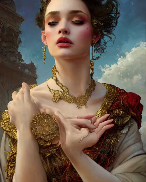 Prompt: a beautiful close up portrait of a sorceress floating on air with elegant looks, flowing robe, ornate and flowing, intricate and soft by ruan jia, tom bagshaw, alphonse mucha, wlop, beautiful roman architectural ruins in the background, epic sky, vray render, artstation, deviantart, pinterest, 5 0 0 px models