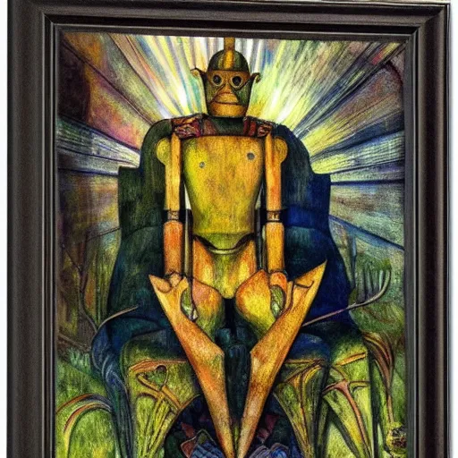 Image similar to the robot on the forest throne, by Annie Swynnerton and Diego Rivera, symbolist, dramatic lighting, elaborate geometric ornament, Art Brut ,god rays, soft cool colors,smooth, sharp focus, extremely detailed, Adolf Wölfli