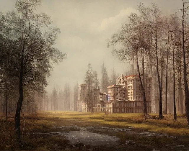 Prompt: beautiful matte painting of cute soviet block of flats hrushevka in end of forest by ivan shishkin