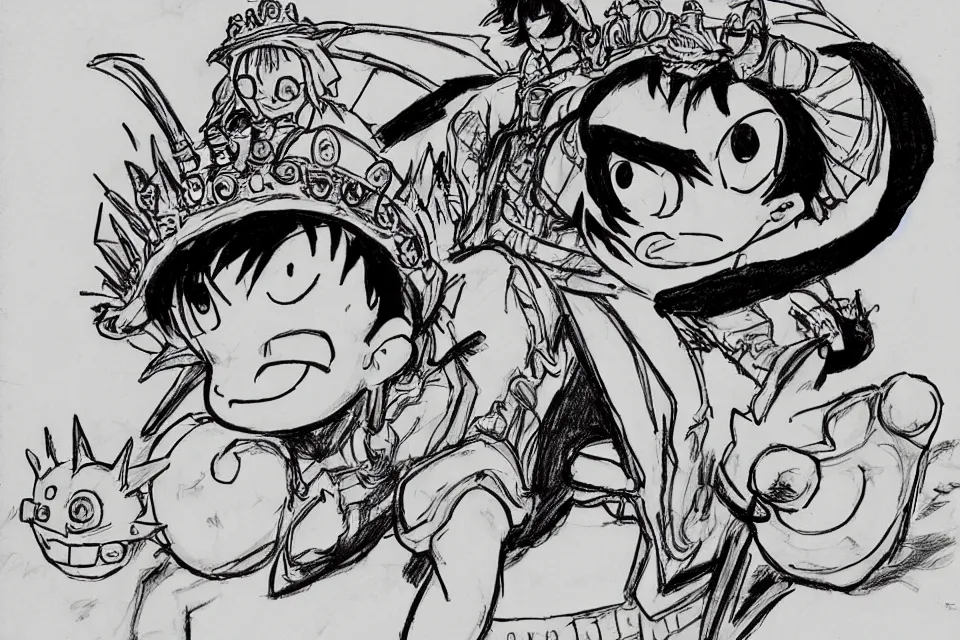 Image similar to concept sketches of a young luffy riding wearing a gold crown riding a large dragon by jamie hewlett, in the style of megaman