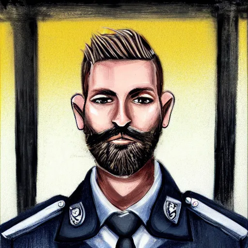 Prompt: portrait of a blonde police officer with short hair and a patchy beard, close up, grimy streets backdrop, detailed, art by loran desore