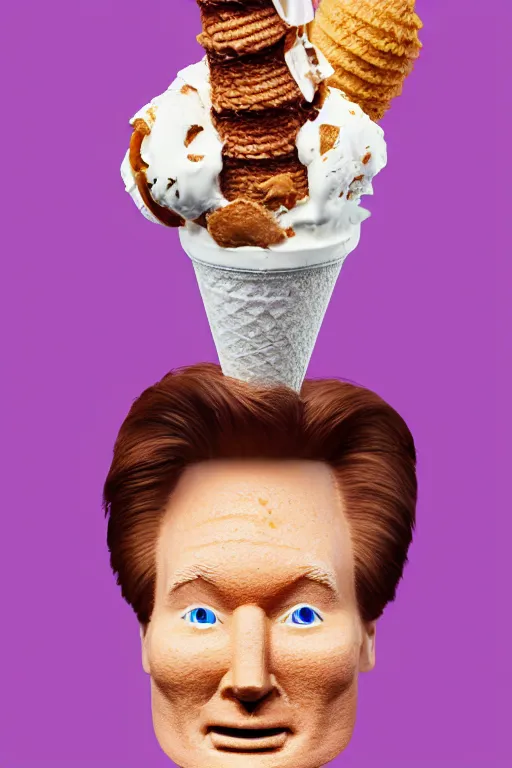 Image similar to 📷 conan o'brien the ice - cream cone 🍦, made of food, head portrait, dynamic lighting, 4 k