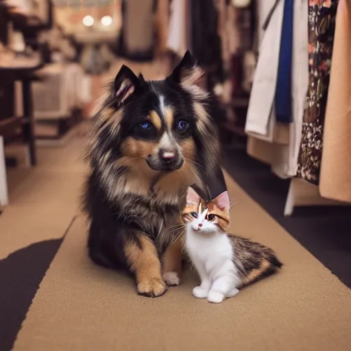 Image similar to dog and kitten hybrid inside a japanese thrift store, cinematic light, warm colours, atmospheric, bokeh, 8 k photography