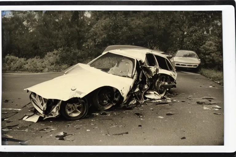 Image similar to old polaroid of a car crash, corpse on the road