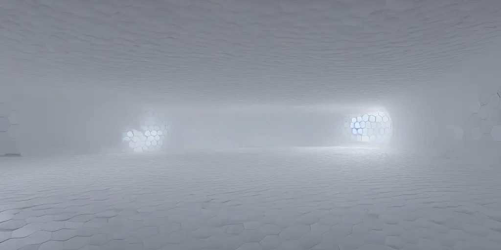 Prompt: huge organic shaped honeycomb asymmetric capsule levitating in the air no - gravity installation in white empty spacious space, maximum natural texture, white warm illumination, in low fog, 8 k resolution, best color graded, vray beautiful, subsurface scatter, hyper - realistic render