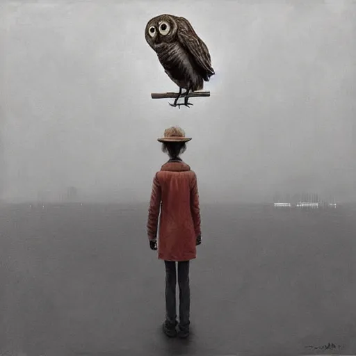 Image similar to Sapiential the smart but sad owl in style A Separate Reality: New Paintings of Dystopian Worlds by Alex Andreev