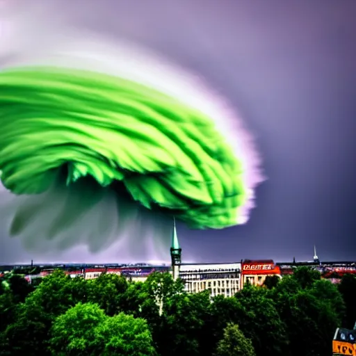 Image similar to tornado above hannover, germany, dramatic, sharp focus, photo taken by a nikon, very detailed