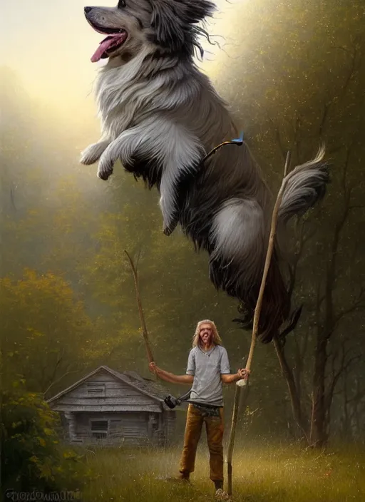 Image similar to highly detailed hyperrealistic painting of a blonde long - haired hillbilly standing in front of old rough house holding a stick, with his fluffy black and gray australian shepherd, bonfire, stephen bliss, art by greg rutkowski, loish, rhads, ferdinand knab, makoto shinkai and lois van baarle, tom bagshaw, global illumination, artstation