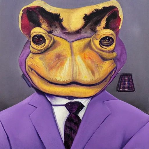 Image similar to Portrait of a psychotic crossbreed between a rabid dog and a toad, in a purple suit, oil painting