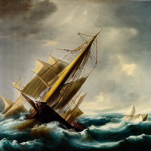 Image similar to a medieval vessel sailing the sea in a rough storm, sailors frantically pulling at ropes and tying the sails, large waves crashing and lightning striking in the distance, dark great clouds swirling above, detailed and oil painting