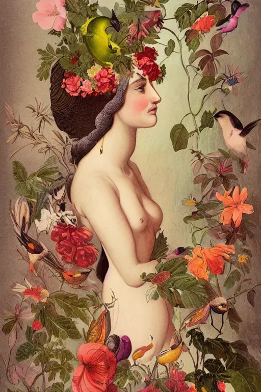 Prompt: beautiful girl Amalgamation with flowers, fruits, birds by Beto Val, John James Audubon, vintage illustration, bizarre compositions, Exquisite detail