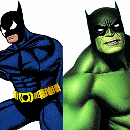 Prompt: the hulk wearing spiderman's suit and batman's mask