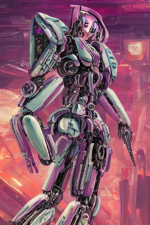 Image similar to attractive biomechanical female mecha in feminine pose on a hyper-maximalist overdetailed retrofuturist scifi bookcover illustration from '70s. Inspired by gundam and shadowrun book cover illustrations. Biopunk, solarpunk style. Daytime. Made by echo chernik. Artstation.