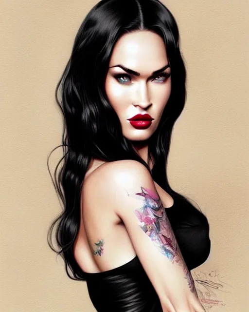 Image similar to 3 d megan fox with dark eye makeup and pink glossy lipstick, long windblown black hair, seductive camisole, pinup, intricate, glamorous fashion pose, sharp focus, illustration, highly detailed, digital painting, concept art, art by wlop and artgerm and ross tran, masterpiece, fritz willis, fine, arney freytag, charlie bowater, loish