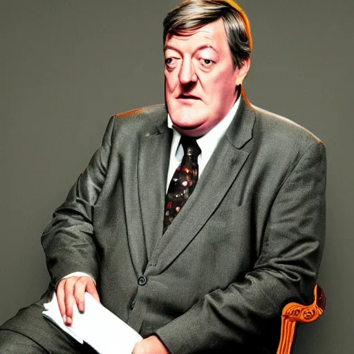 Image similar to Stephen Fry judging the world for its stupidity while sitting on a throne of knowledge., digital art 4k