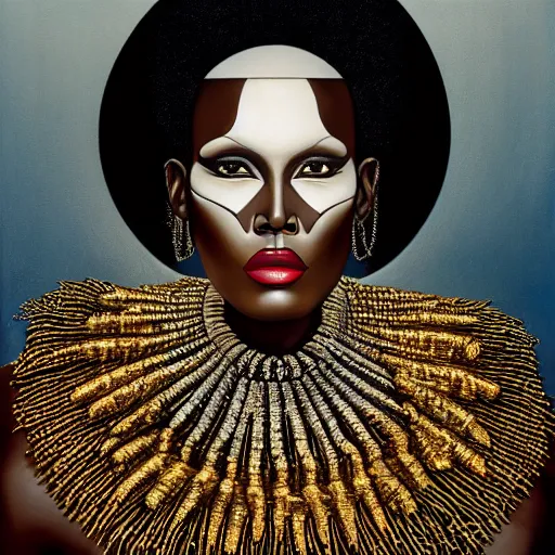 Prompt: a professionally painted african female model , grace jones, clothed in ancient, dark skin, dark gold hair, beautiful bone structure, symmetrical facial features, stunningly beautiful, intricate, elegant, digital painting, smooth, sharp focus, illustration, made by Kehinde Wiley and Kara Walker