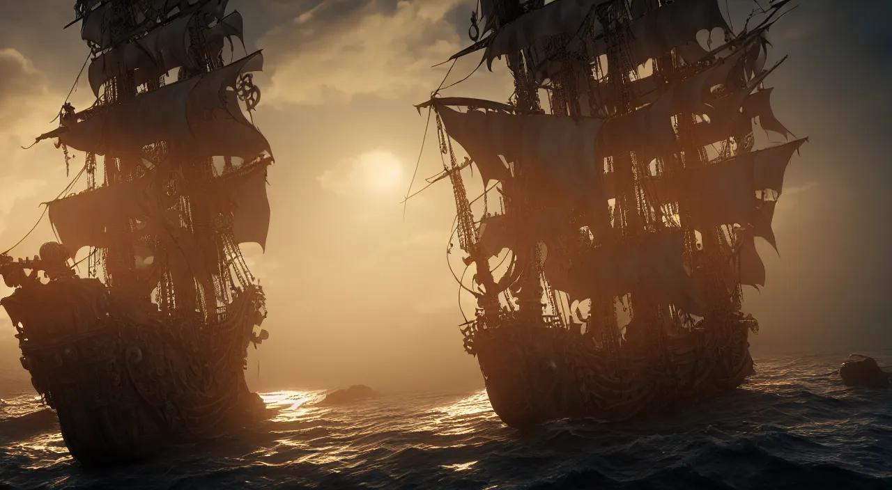 Prompt: ghost pirate ship with a pirate on the foreground, highly detailed, photorealistic portrait, bright studio setting, studio lighting, crisp quality and light reflections, unreal engine 5 quality render