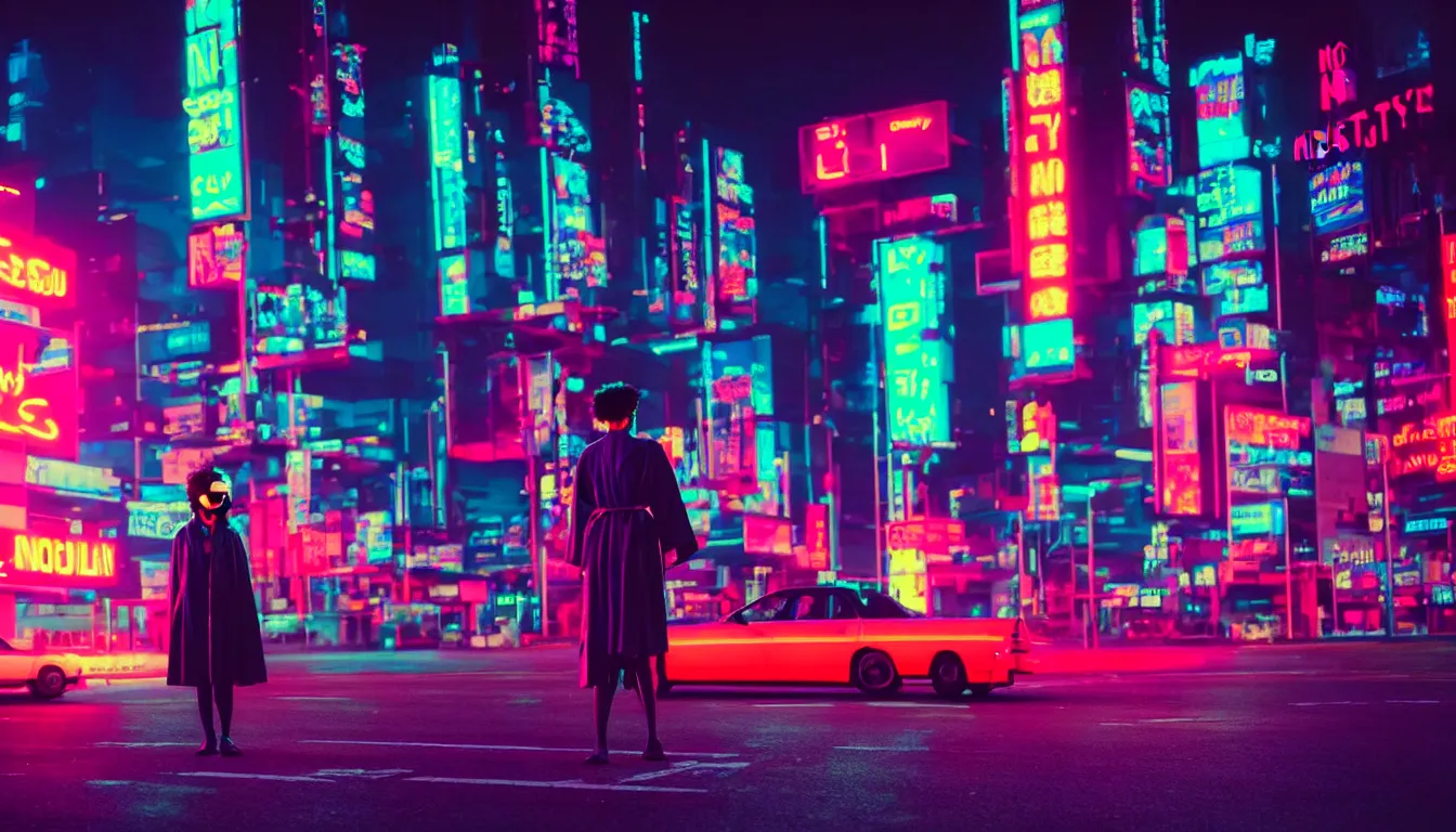 Prompt: 8 0 s neon movie still with a woman standing on a crosswalk at night. a cyberpunk city is in front of her. she is looking at the city. she is wearing a kimono and sunglasses. she is staring at an advertisement. hyperrealistic, high definition, highly detailed, technicolor, anamorphic 5 0 mm lens