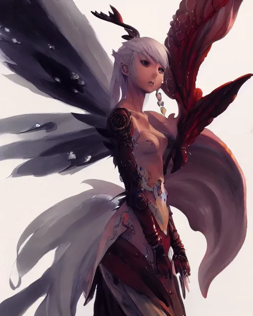 Image similar to concept art of a winged fantasy anima, final fantasy, highly detailed painting by dustin nguyen, akihiko yoshida, greg tocchini, 4 k, trending on artstation, 8 k