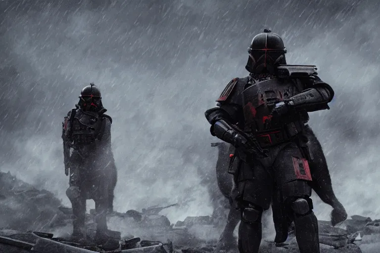 Image similar to helghast soldier kerberos panzer cop sith trooper hybrid in a still of illang the wolf brigade ( 2 0 1 8 ) film, vfx, post processed