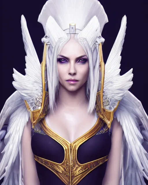 Image similar to perfect white haired egyptian goddess wearing white dove wings, warframe armor, regal, attractive, ornate, sultry, beautiful, charlize theron, half asian, pretty face, blue eyes, detailed, scifi platform, 4 k, ultra realistic, epic lighting, cinematic, masterpiece, art by akihito tsukushi, voidstar, trending on artstation