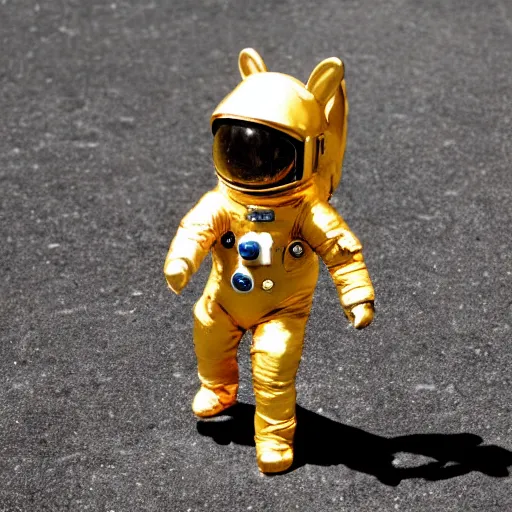 Prompt: a bunny!! astronaut! in a golden spacesuit standing on the moon. zeiss lens, 5 0 mm, dynamic pose, action pose