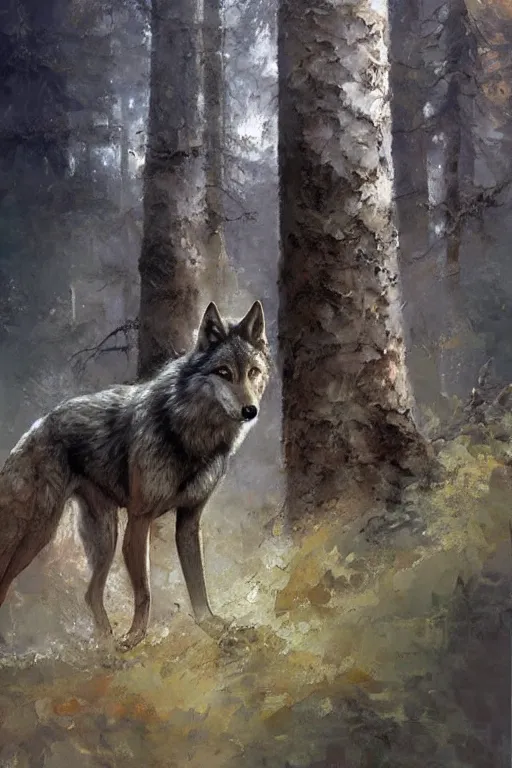 Image similar to spiritual twin flame wolf art, forest hue, highly detailed, oil painting, by craig mullins