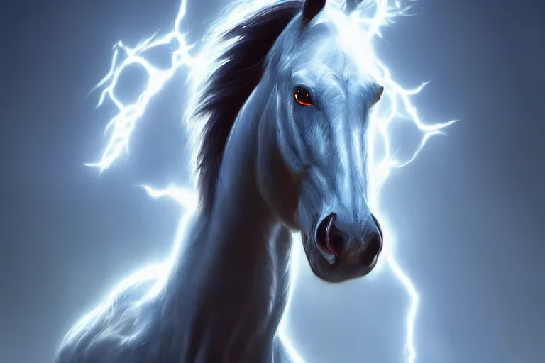 Prompt: a stunning digital painting of a horse made of lightning by greg rutkowski, volumetric light, digital art, fine detail, photorealistic