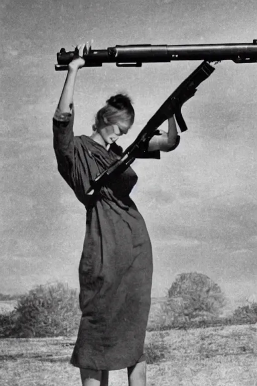 Prompt: a beautiful woman carrying a giant oversized gun, real photo