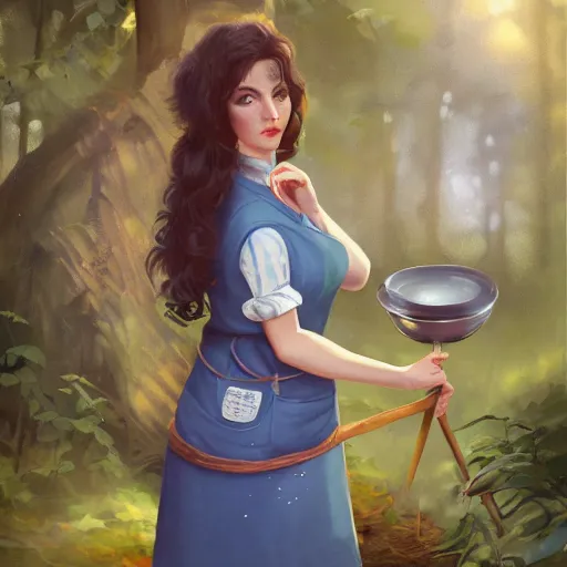 Image similar to a portrait of a 1 9 6 0 s woman with curly black hair and blue eyes, and an apron in the forest, dynamic lighting, fantasy concept art, trending on art station, stunning visuals, cinematic, ultra detailed