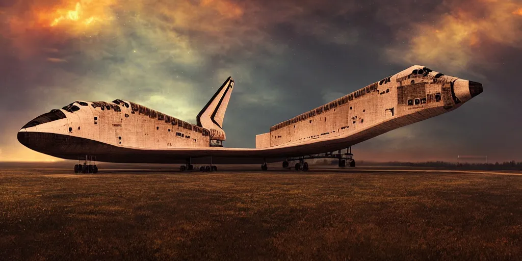 Image similar to abandoned soviet space shuttle in the hills, around everlasting darkness, sunset, orange glow, puddles of water, atmospheric, wide shot, high definition, high detail, foreboding, artstation, foggy