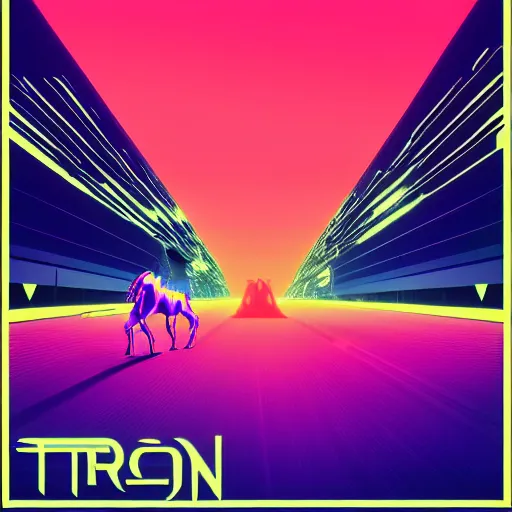 Image similar to !dream A synthwave horse inspired by Tron. Trending on Artstation. Digital screenshot. Faded film grain. 1980s Computer Graphics.