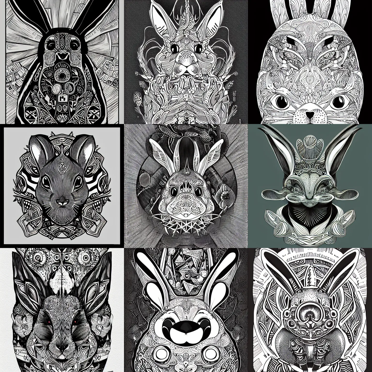 Prompt: intricate crazy rabbit illustration with inner negative space, mcbess, behance, devianart, artstation, dribble, creary, ello, cgsociety, drawcrowd, pixiv, concept art world, our art corner, newgrounds, doodle addicts, penup