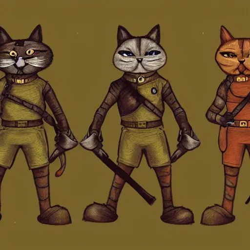 Prompt: three anthropomorphic cat soldiers, artwork by kyle ferrin