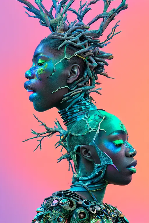 Image similar to hyperrealistic post - maximalist masterpiece super expressive! yoruba goddess with exoskeleton armor, merging with tree in a forest, highly detailed digital art cinematic, smooth cam de leon eric zener dramatic pearlescent soft teal pink light, ground angle hd 8 k, sharp focus